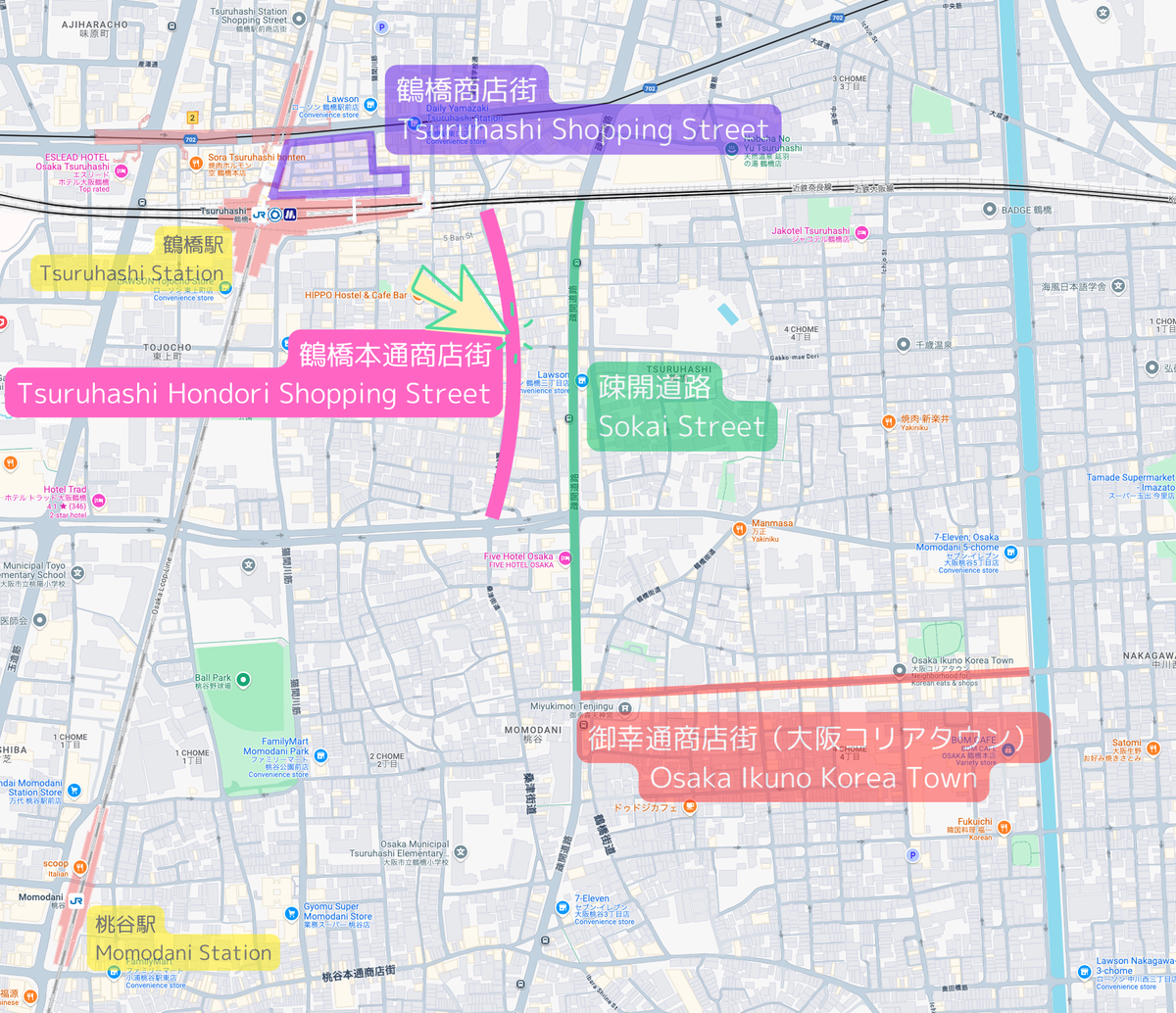 Tsuruhashi Hontoori Shopping Street Location Map