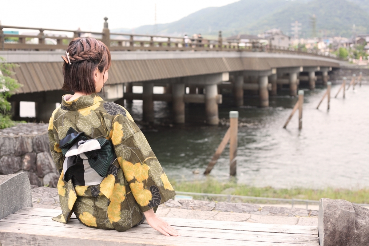 Uji Bridge and woman in yukata
