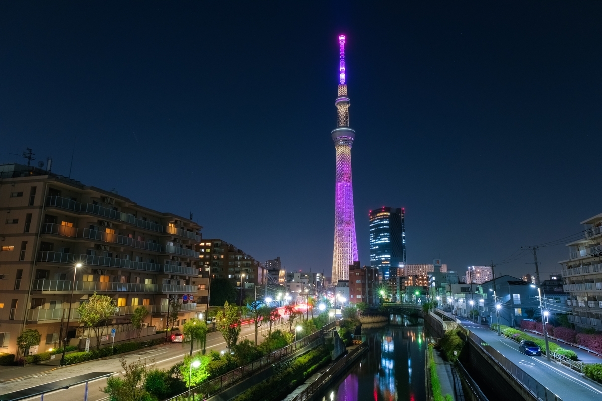 十間橋からのスカイツリーライトアップ