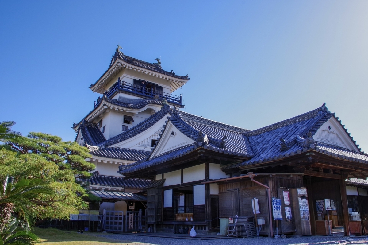 Exterior view of the keep and Honmaru Palace under a clear blue sky.