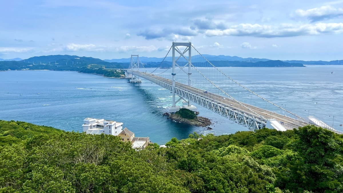 ภาพมุมกว้างของสะพานโอนารุโตะและช่องแคบนารุโตะจากเนินสูง