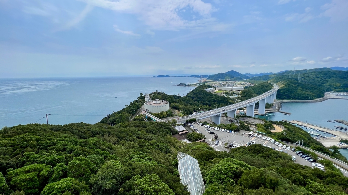 ภาพมุมสูงของสวนสาธารณะนารุโตะและสะพานโอนารุโตะจากดาดฟ้า