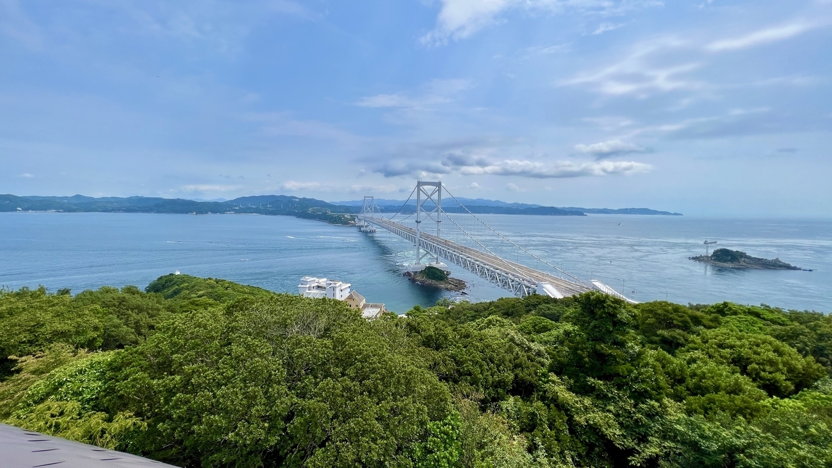 วิวของสะพานโอนารุโตะที่ทอดผ่านเนินเขาและท้องฟ้าสีคราม