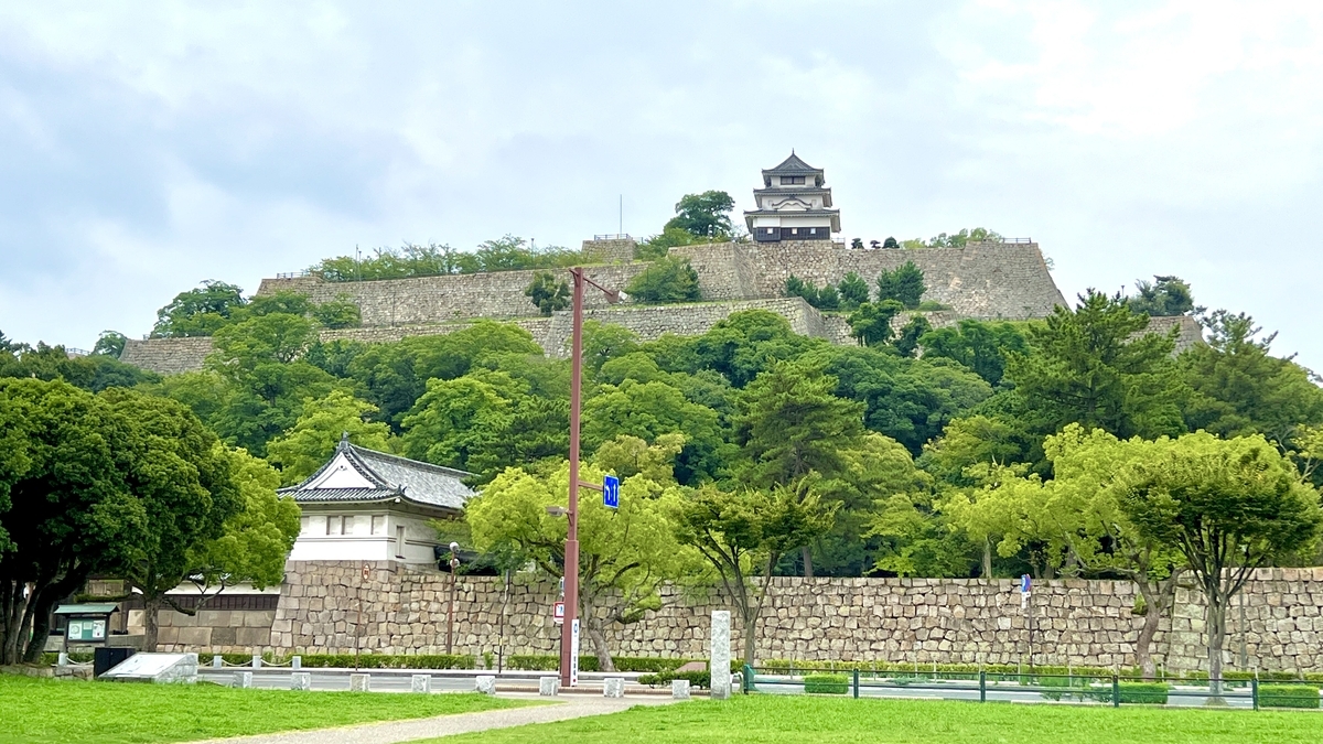 Marugame Castle and its stone walls surrounded by lush greenery. The elevation difference up to the main keep is clearly visible.