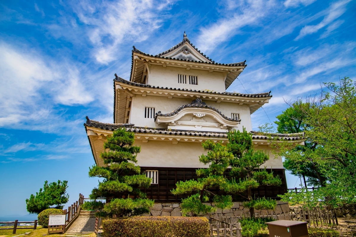The original Marugame Castle keep standing against a backdrop of blue sky and clouds, rising above the stone walls.