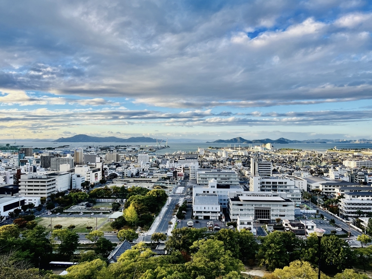 View from the Marugame Castle observatory overlooking the city and the Seto Inland Sea.