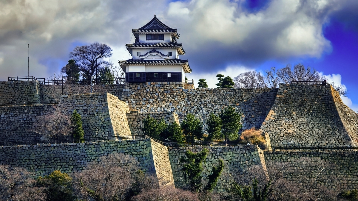 The original Marugame Castle keep standing tall atop stone walls, surrounded by greenery and blue sky.