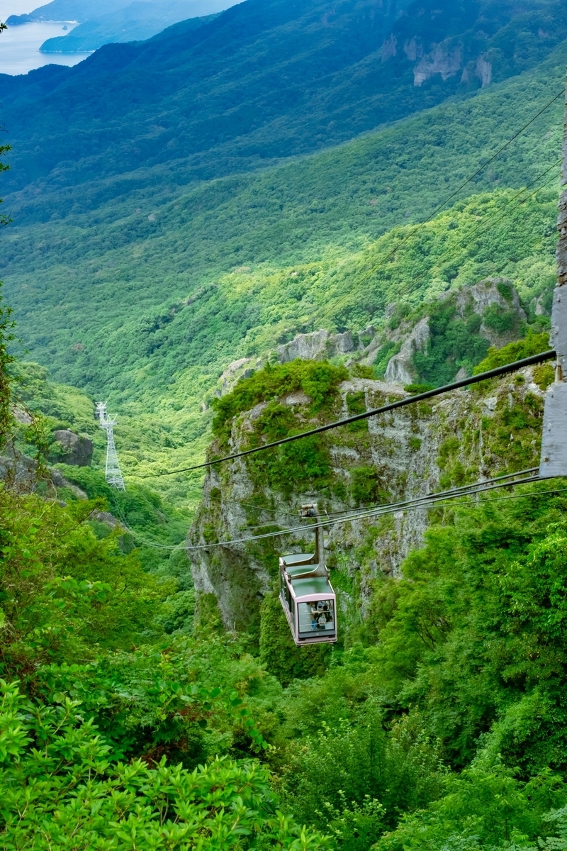 Vista de formaciones rocosas únicas y del desfiladero verde desde el teleférico