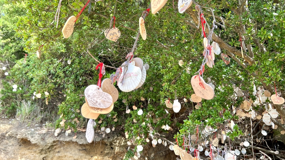 Colorful ema and seashell wish plaques tied to a tree on Nakanoshima