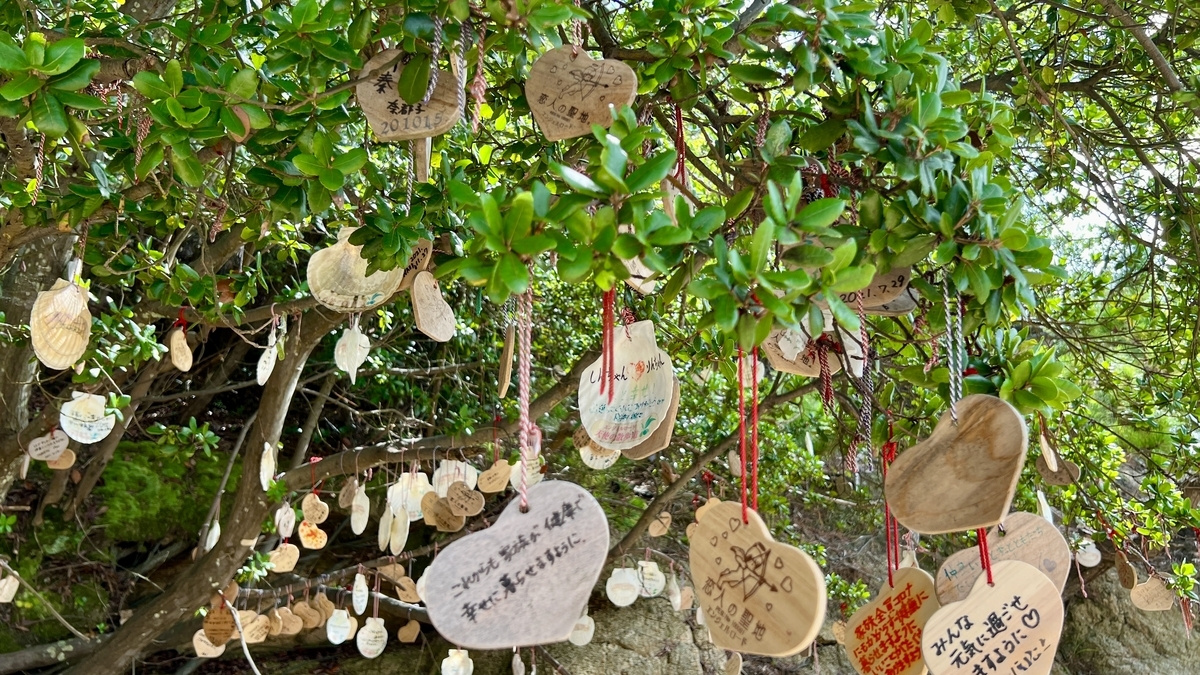 Branches covered with many ema and seashells—an area for love wishes