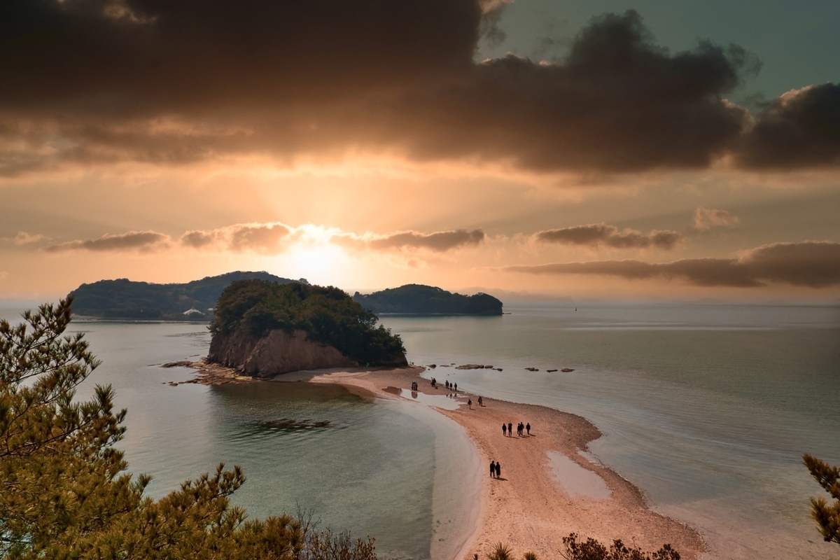 Angel Road at dusk with the Seto Inland Sea glowing in the sunset