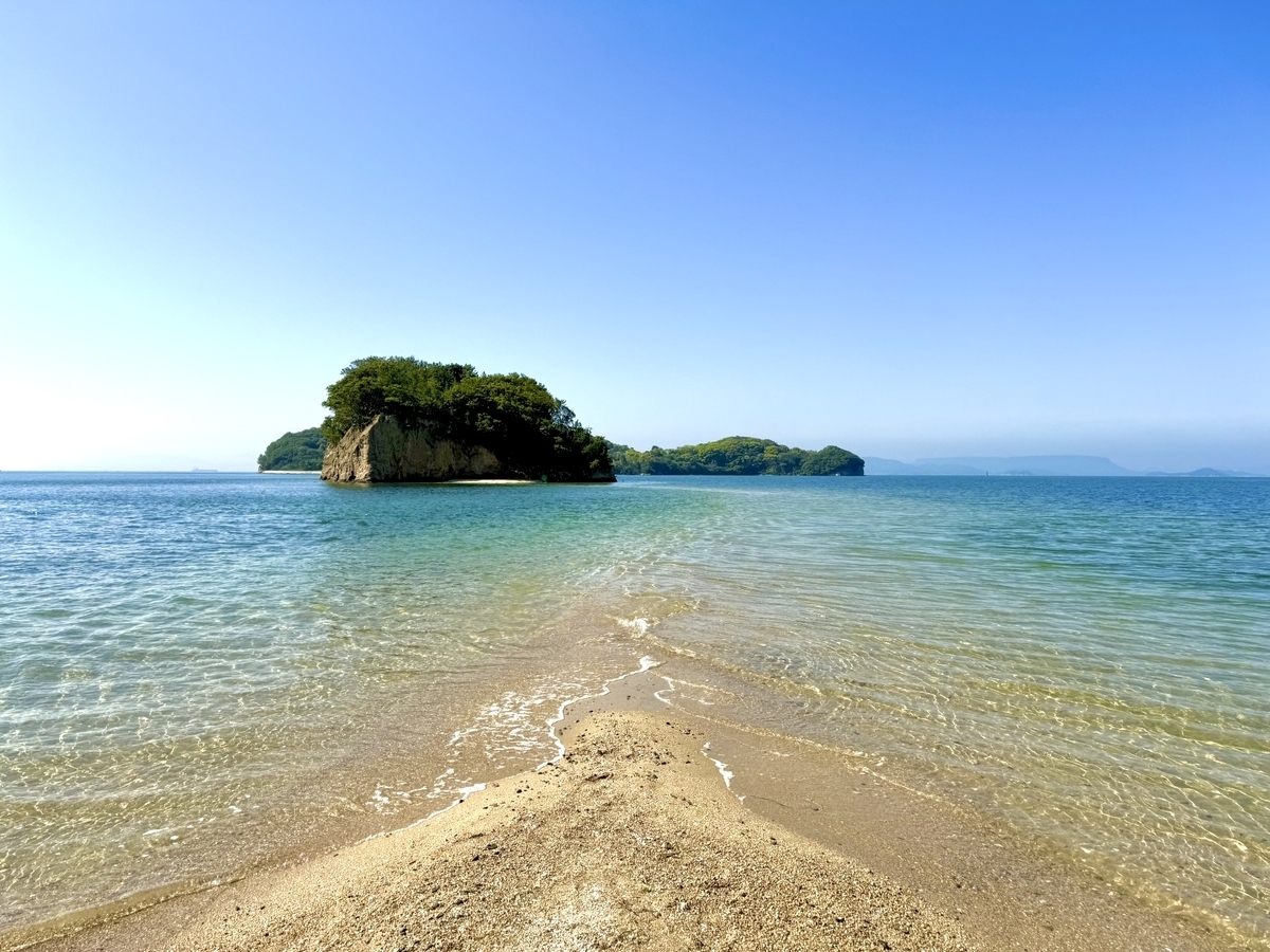 Angel Road’s sand path floating over a blue sea