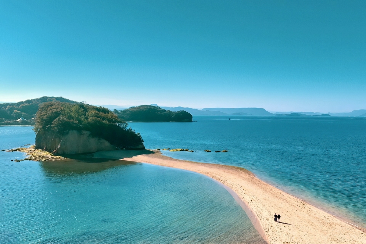 A full view of Angel Road with the beautiful islands of the Seto Inland Sea