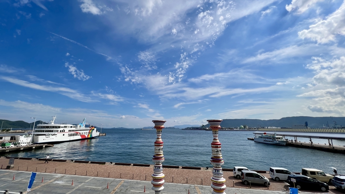 Vista del mar interior de Seto con la ruta desde el Puerto de Takamatsu a Shodoshima y un ferry navegando