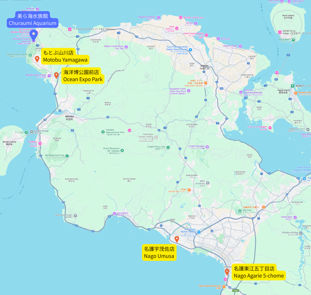 美ら海水族館周辺にあるファミリーマートの位置を示す地図