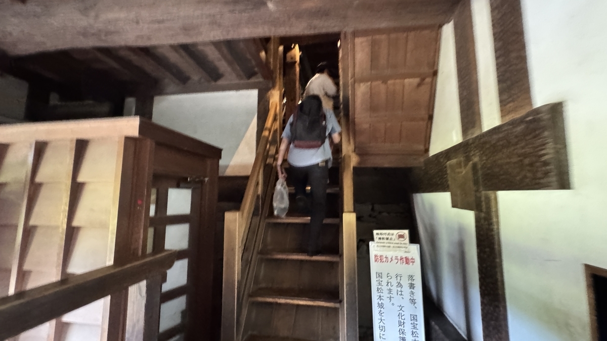 Visitors climbing a steep wooden staircase inside the keep