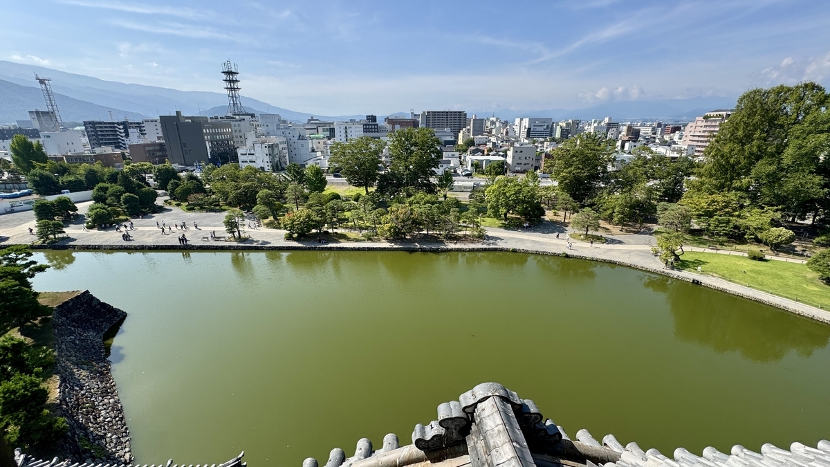 View southward from the sixth floor over moat and city