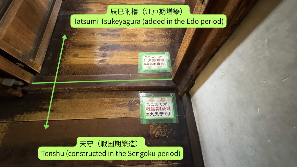 Explanation panel showing boundary between Sengoku-era keep and Edo-period extension