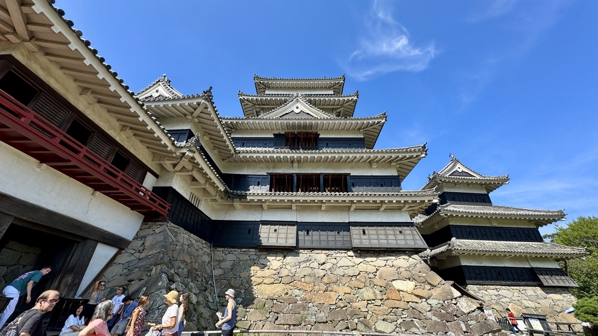 Majestic view of Matsumoto Castle keep from the west under blue sky