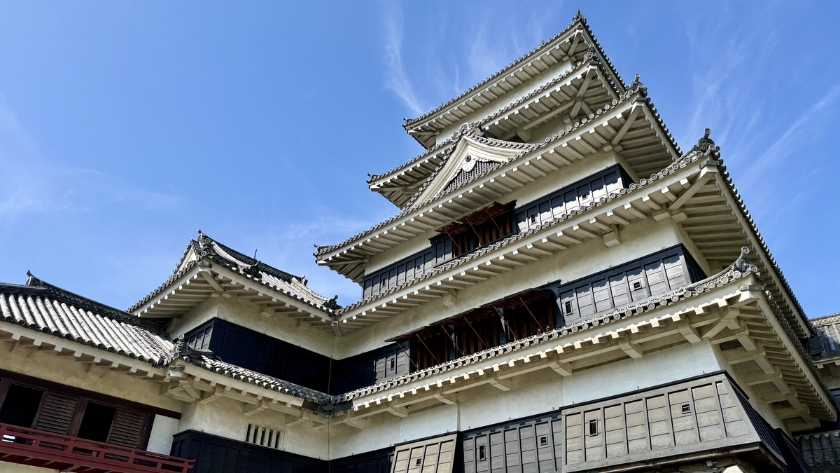 Full southern view of Matsumoto Castle keep against the sky