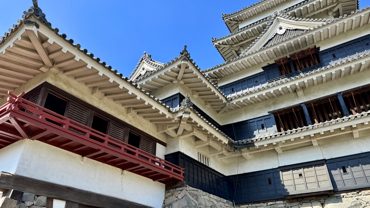 Matsumoto Castle Keep and turrets rising under a blue sky