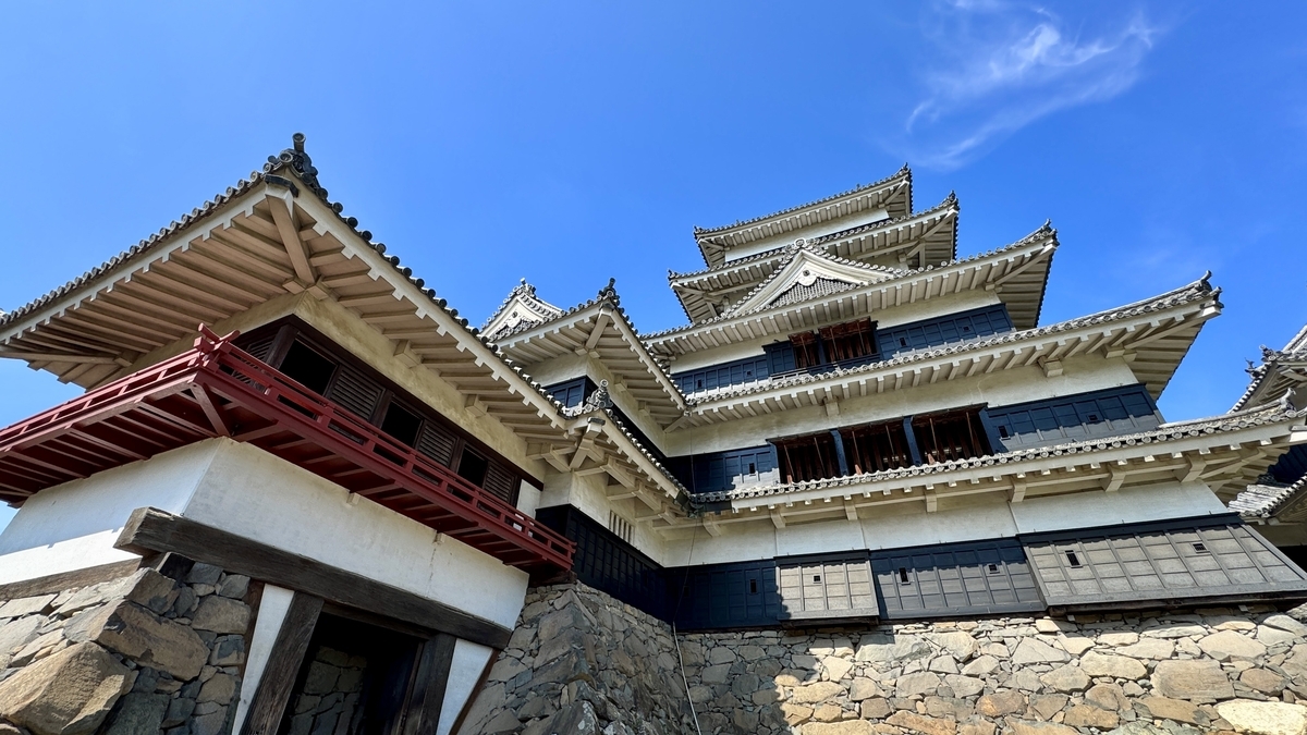 Upward view of the keep with its red balcony rails