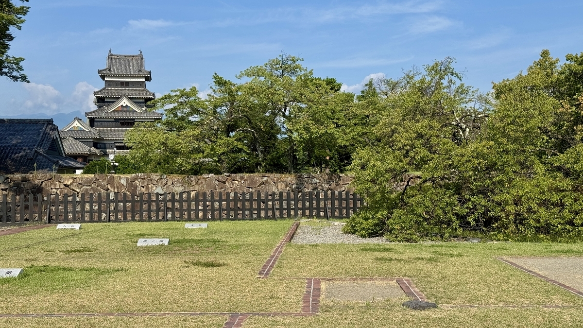 View of Matsumoto Castle’s keep from the site of the Ninomaru Palace