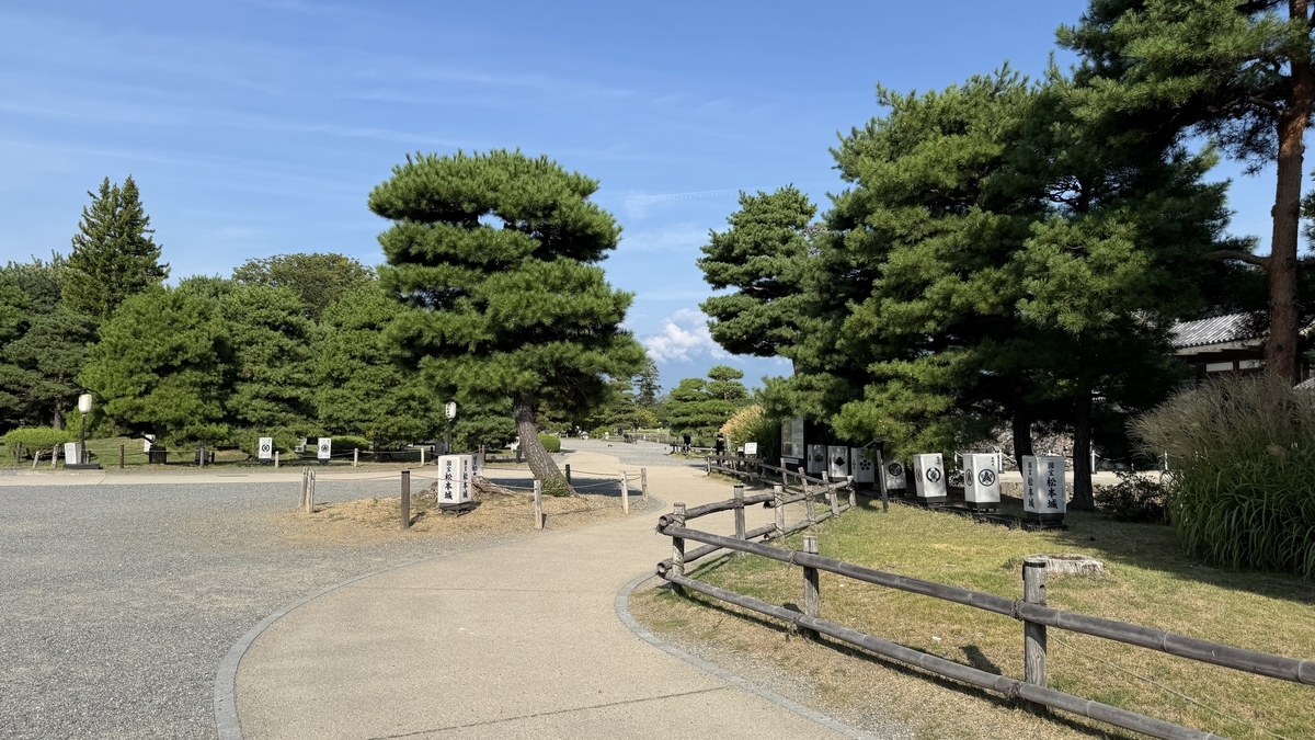 Tree-lined walking path along the inner moat of Matsumoto Castle