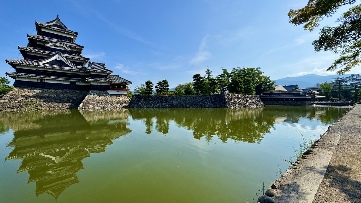 Angled view of Matsumoto Castle’s keep reflected in the moat’s water