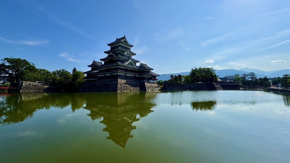 View of Matsumoto Castle’s keep and its reflection in the moat water