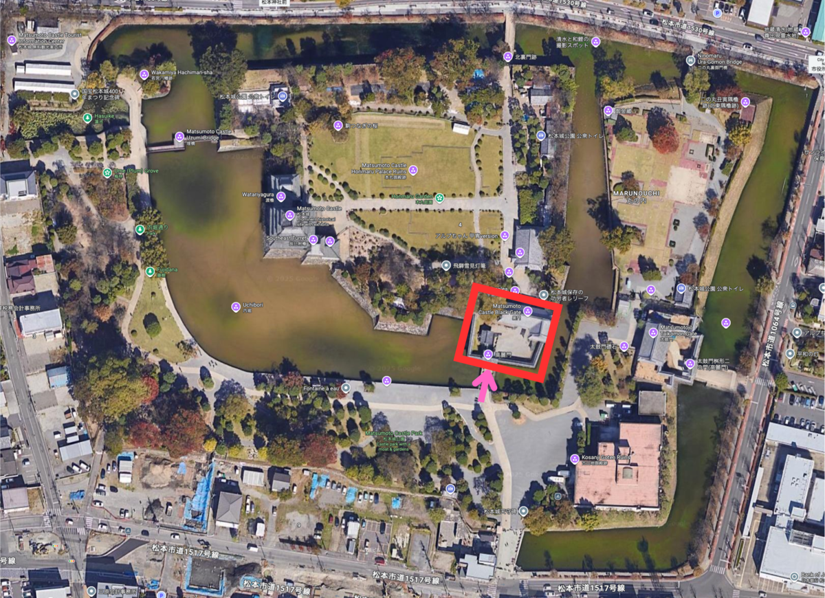 Aerial photo showing location of Matsumoto Castle’s Koraimon Gate