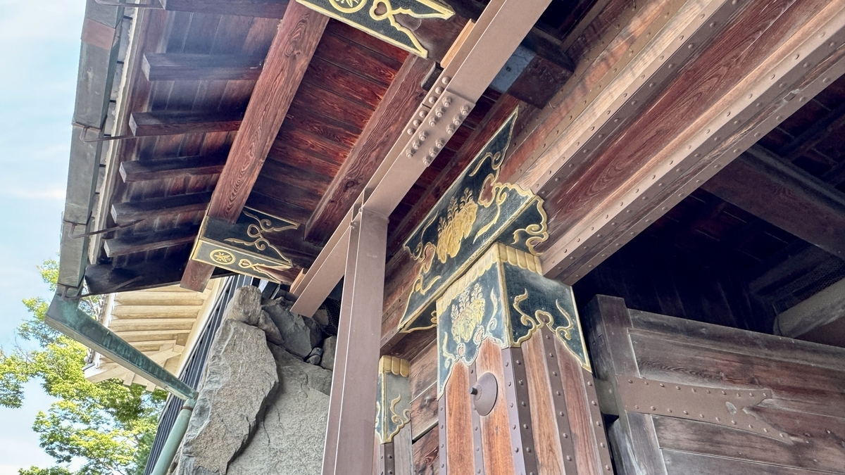 Interior ceiling of the Kuro Gate showing wooden beams and details