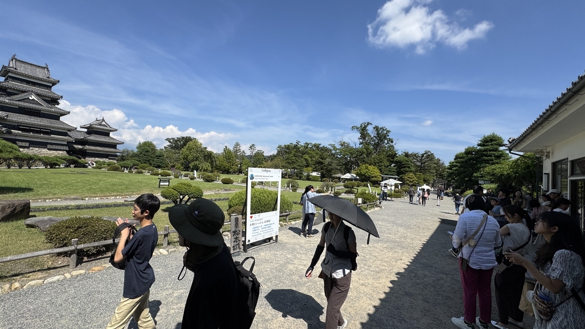 View of Honmaru Garden beyond the Kuro Gate with visitors heading toward the keep