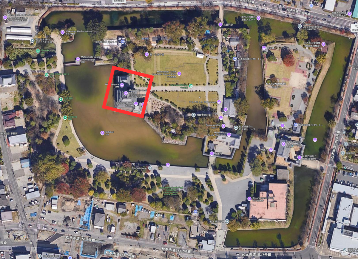 Aerial map marking the central position of Matsumoto Castle’s keep in red