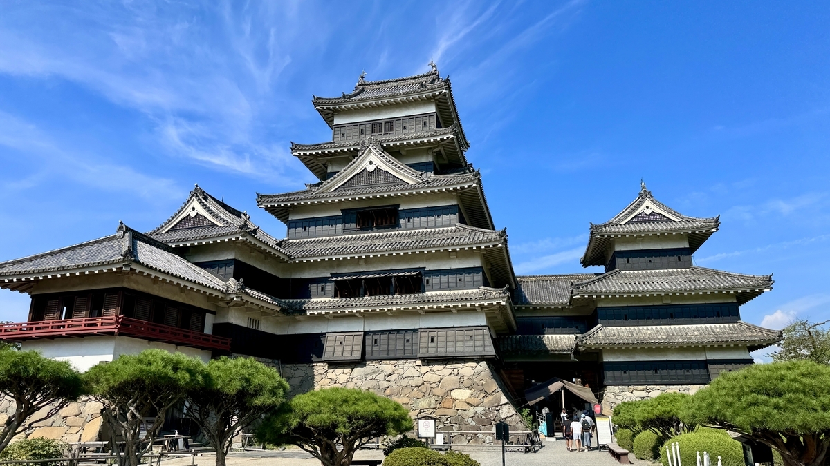 Full frontal view of Matsumoto Castle’s keep against a blue sky