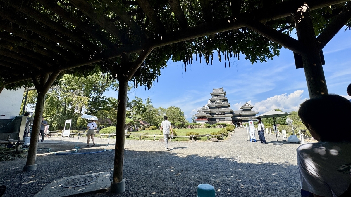 View of Matsumoto Castle’s keep from under a wisteria trellis across the garden