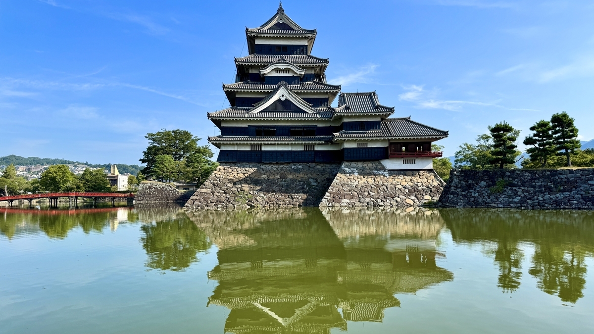 Matsumoto Castle’s keep reflected in the moat under a bright blue sky
