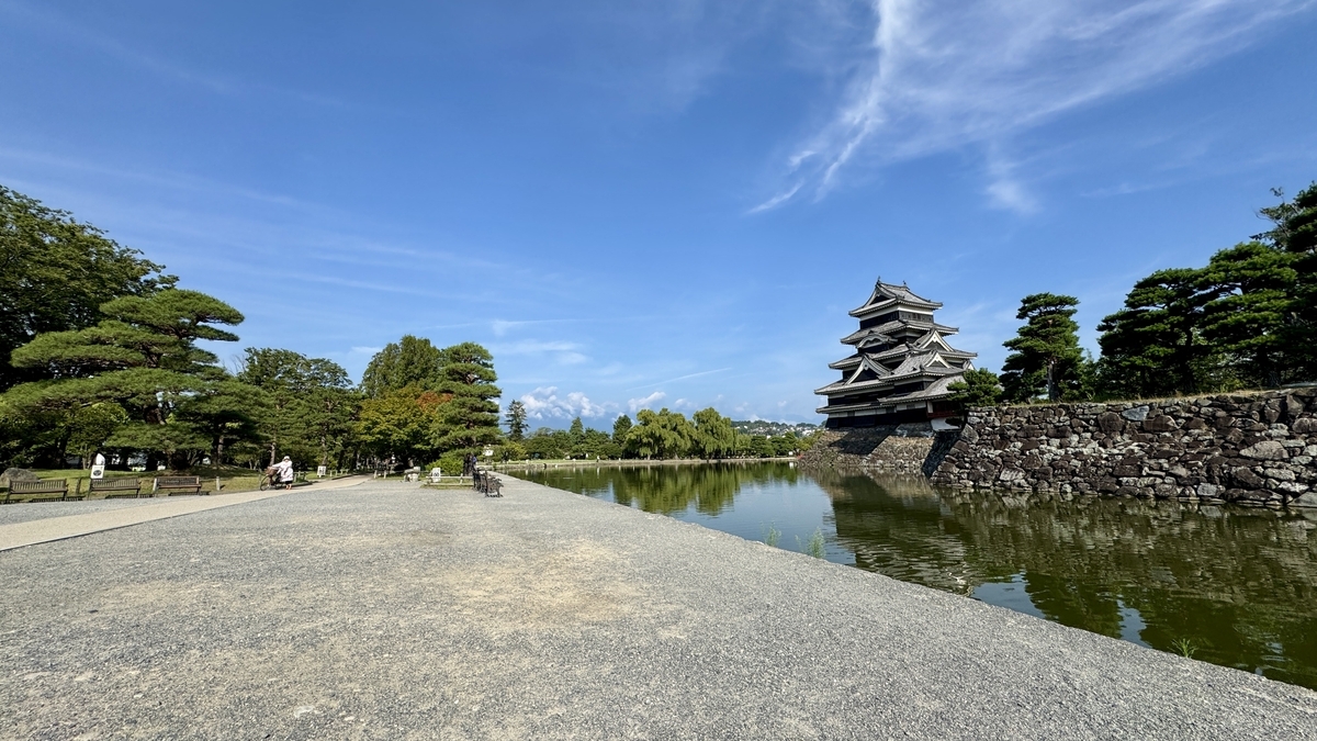 View of the inner moat and keep from Matsumoto Castle Park
