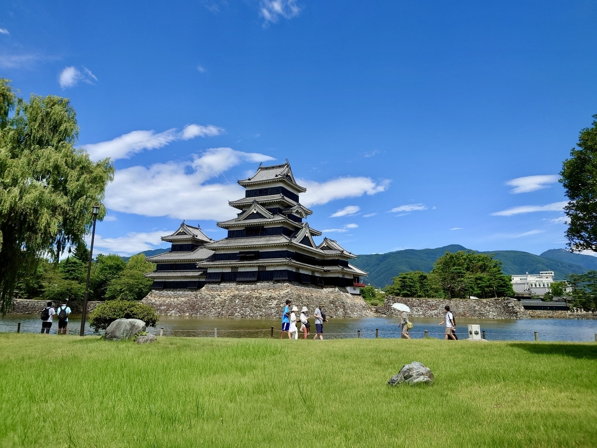 Matsumoto Castle keep seen from the lawn plaza