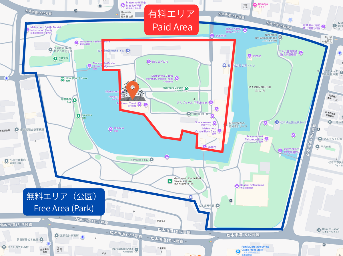 On-site map highlighting the paid zone of Matsumoto Castle