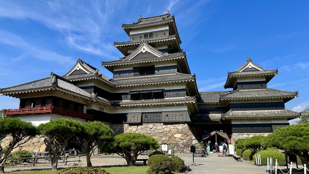 Frontal full view of Matsumoto Castle keep set against a blue sky