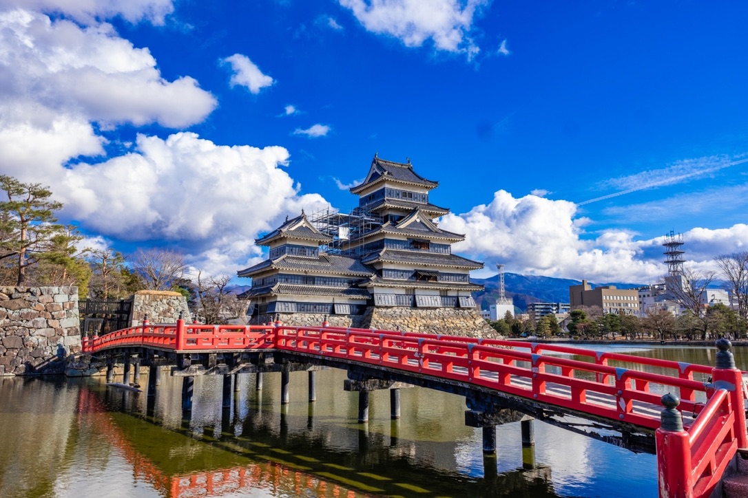 Scenery featuring the red Uzumi-bashi bridge with the keep in frame