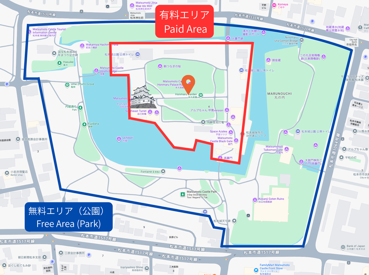 Map showing the position of the Honmaru Garden at Matsumoto Castle