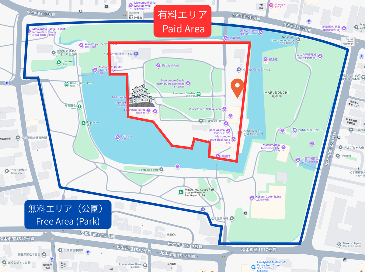 Map pin showing coin locker locations in the Matsumoto Castle area