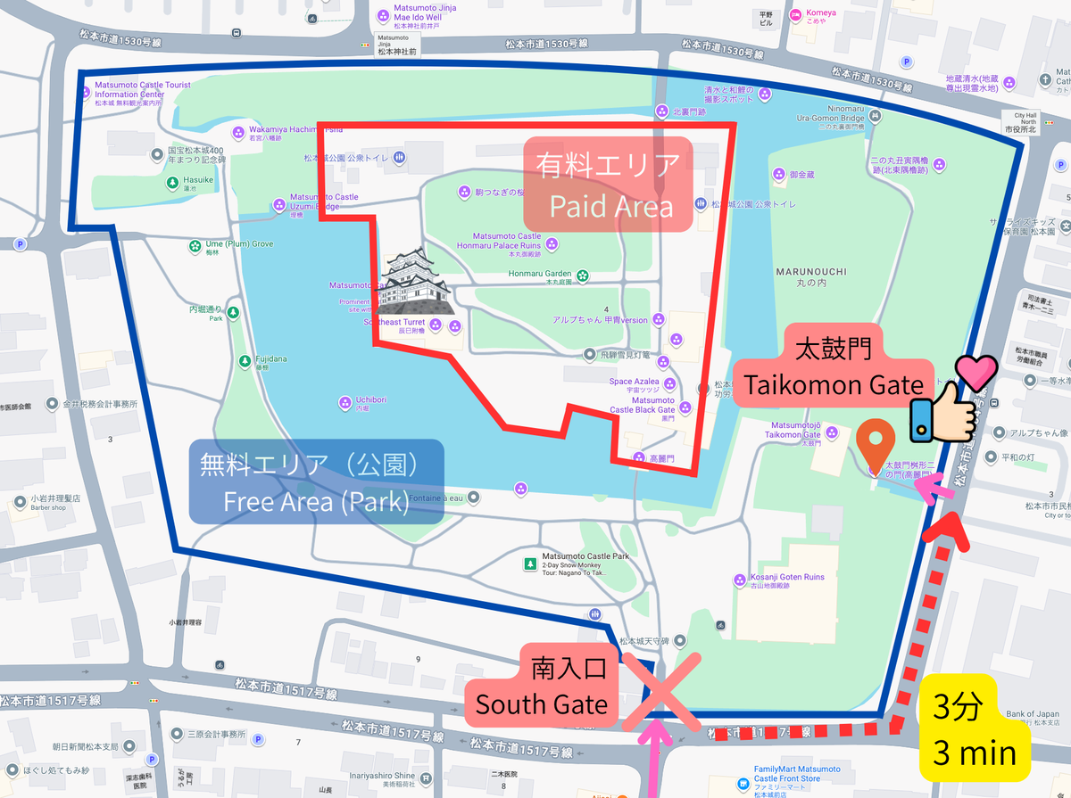 Map showing the Taiko-mon main gate and the south entrance