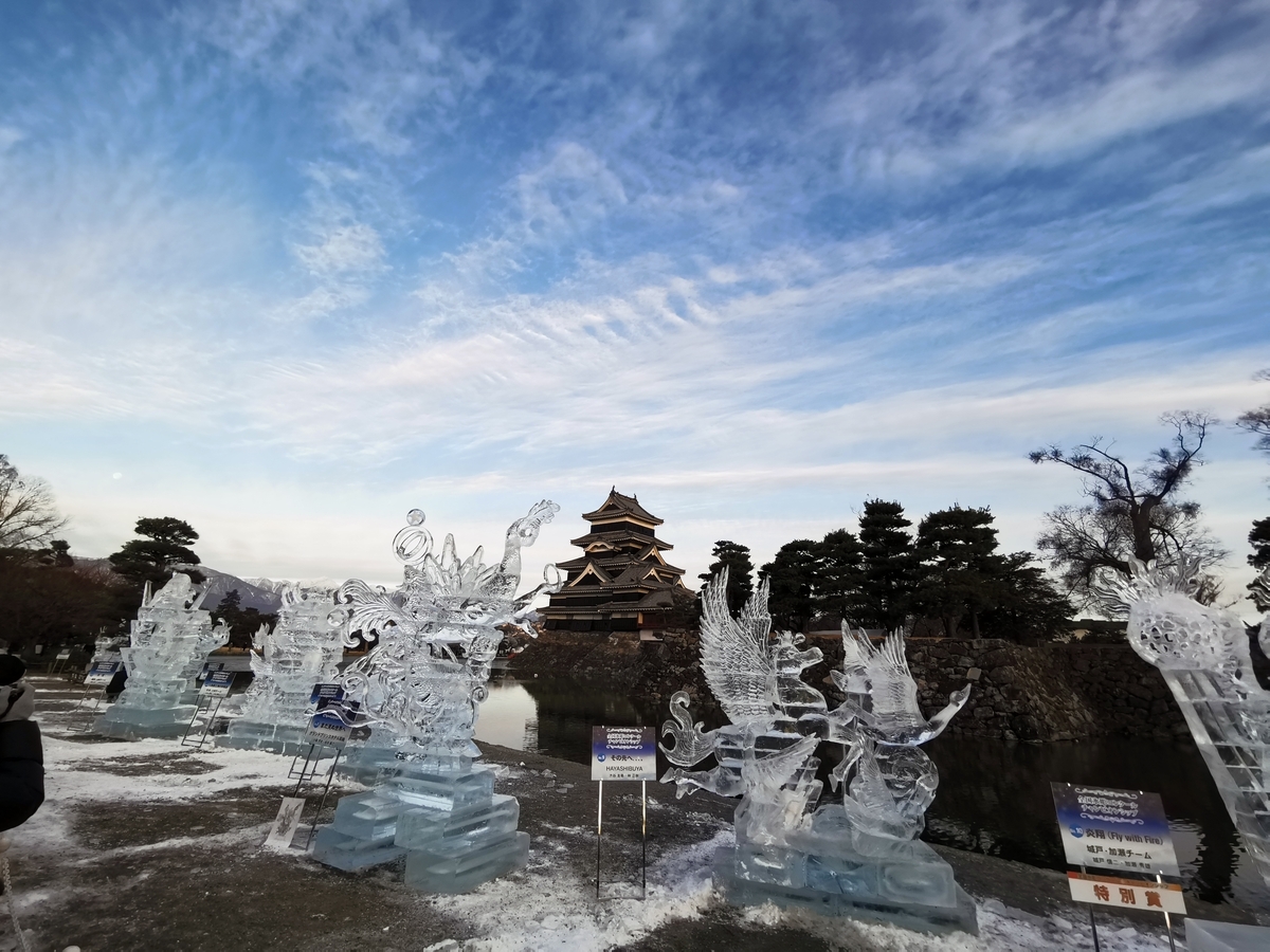 Ice sculpture with the keep in the background during the festival