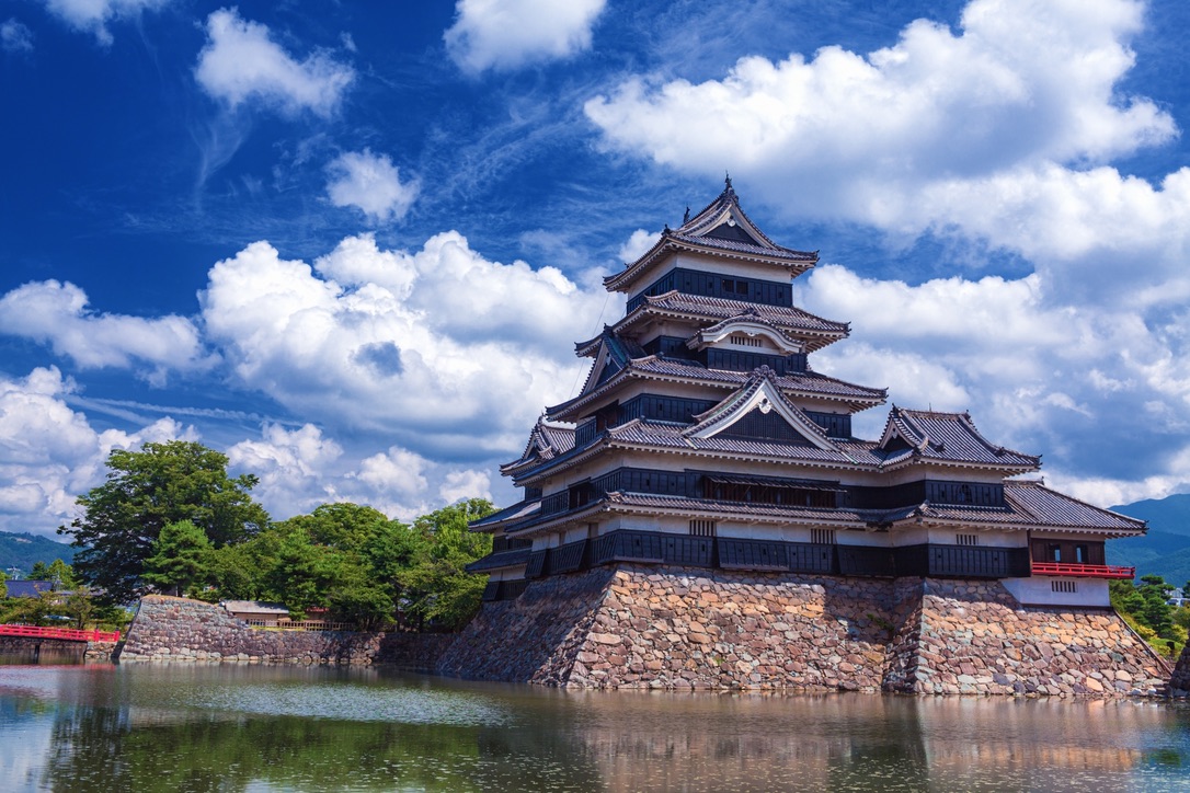 Exterior of the keep surrounded by blue sky and moat