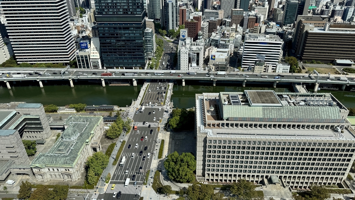 Vista aérea de Nakanoshima entre los ríos Dojima y Tosabori