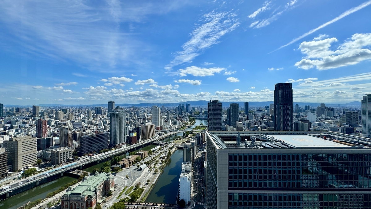 Ciudad de Osaka con edificios junto al río bajo un cielo azul