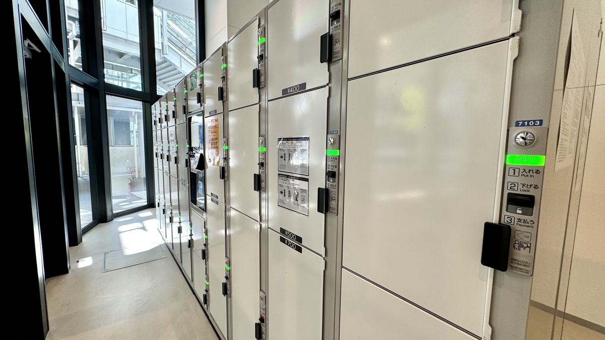 Rows of lockers stretching back with visible control panels